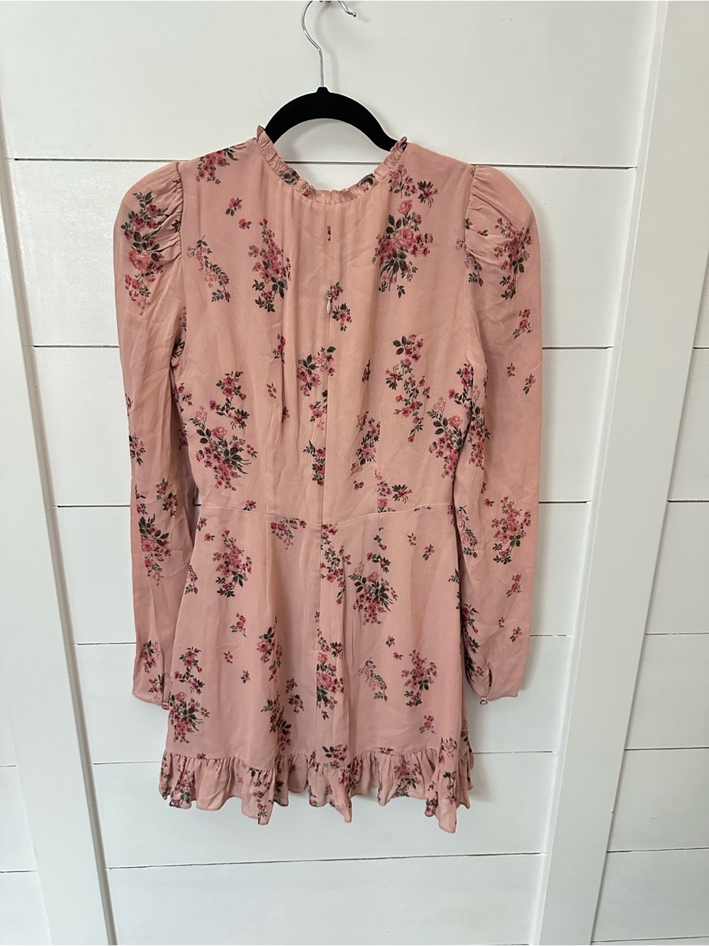 Reformation 4 Pink floral cotton ruffle detail tie neck long sleeve mini dress - Picture 3 of 16